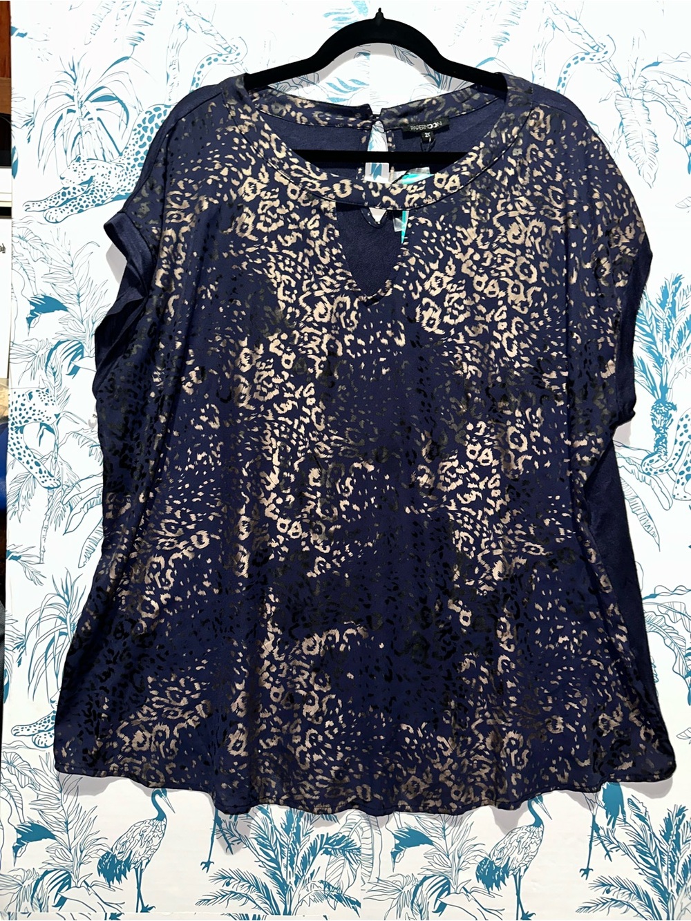 Papermoon Navy Blue Animal-Print Keyhole Blouse- NWT
